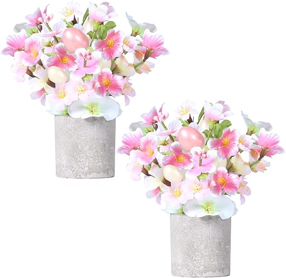Super Holiday Easter Decorations, 2PCS Artificial Easter Pink Flower Egg Potted Table Decorations, for Home Farmhouse Fireplace Holiday Spring Party Decor.