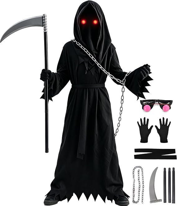 Grim Reaper Costume Kids Scary Halloween Costumes for Boys Girls | Grim Reaper Costume Kids, Red Glow Eyewear, Grim Reaper Scary Costumes for Kids, Scream Costume, Horror Costumes