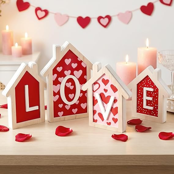 OLANRUN 2026 Graduation Decorations - 4 Pcs 3D Wooden House Shaped GRAD Tabletop Signs, Graduation Party Decor for Mantel, Shelf, Tiered Tray, Table, Desk, Graduation Gifts for Him Her (Red)