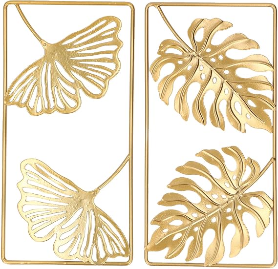 Fockety Metal Wall Decor, Strong Iron Ginkgo Leaf Wall Sculpture, Gold Modern Leaf Wall Decor with Frame for Living Room, Office, Study, Home, Bedroom, Hanging Parts Hotel Wall Decoration