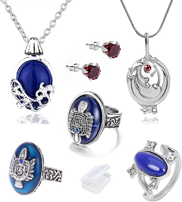 Damon's Ring Opening Vervain Locket Pendant Necklace and Daywalking Katherine Necklace Pendant Charm Necklace-Royal Blue Diamond Stud Earrings S Ring 6 Pcs
