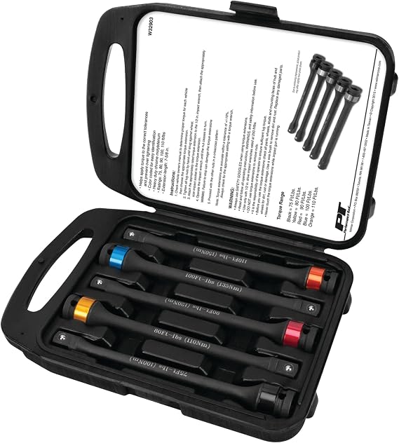 Performance Tool W32903 5-Piece Torque Limiting Extension Set | 7-5/8-inch color-coded extensions prevent over-tightening. 75 to 110 ft-lbs. Chrome molybdenum. Case included