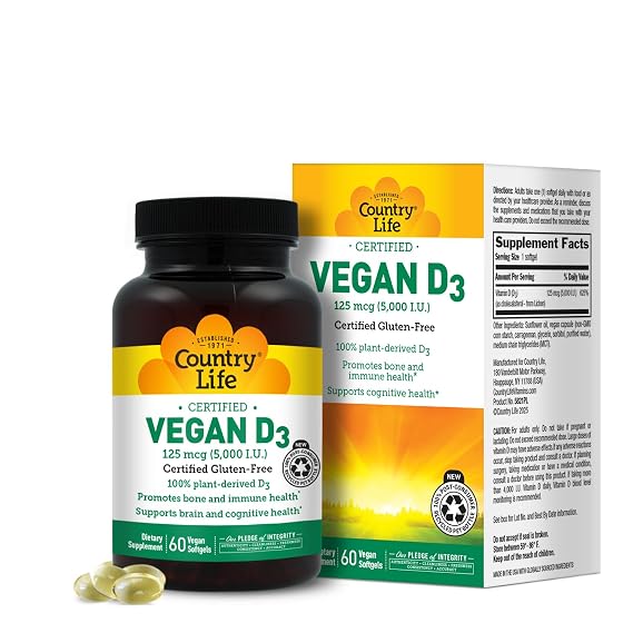 Country Life Vegan D3 5000 IU Plant-Derived Vitamin D3 from Lichen Certified Vegan, Gluten-Free, Non-GMO Clean, Simple Formula 60 Softgels