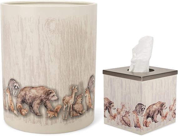 Round Bathroom Trash Can Wastebasket and Cube Tissue Box Holder Organizer Matching Accessory Set of 2, Lodge