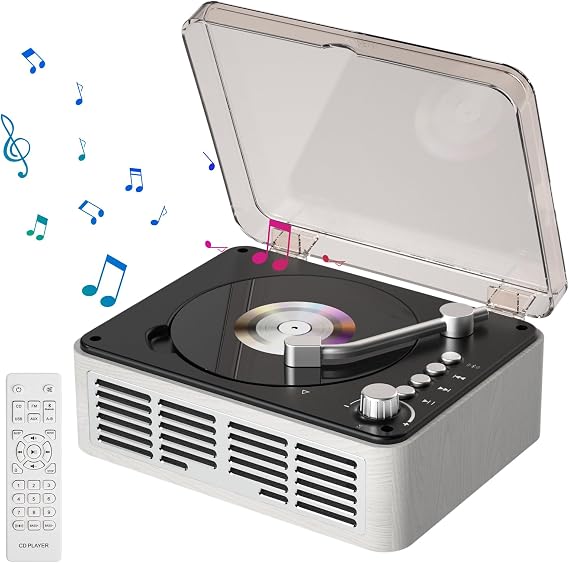 Gueray CD Player, Bluetooth 5.0, Reception & Transmission, Retro Stereo Speaker, CD Player, CD Boombox, Tabletop Stand, Multipurpose, USB/FM/AUX A-B Repeat, Portable, Remote Control, Sleep Mode
