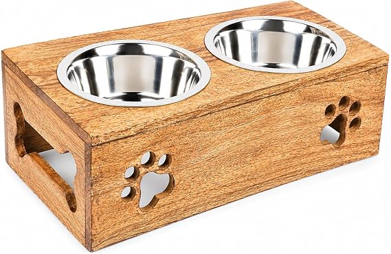 Paw Design Wooden Pet Feeder Station Stand with 2 Stainless Steel Bowls | Raised Dog Bowl Elevated Cat & Puppy Dining Table | 16 x 8.5 x 5 Inches