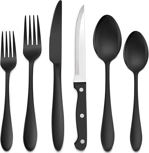 LIANYU 36-Piece Black Flatware Set with Steak Knives, Stainless Steel Silverware Cutlery Set for 6, Tableware Eating Utensils, Mirror Finished, Dishwasher Safe