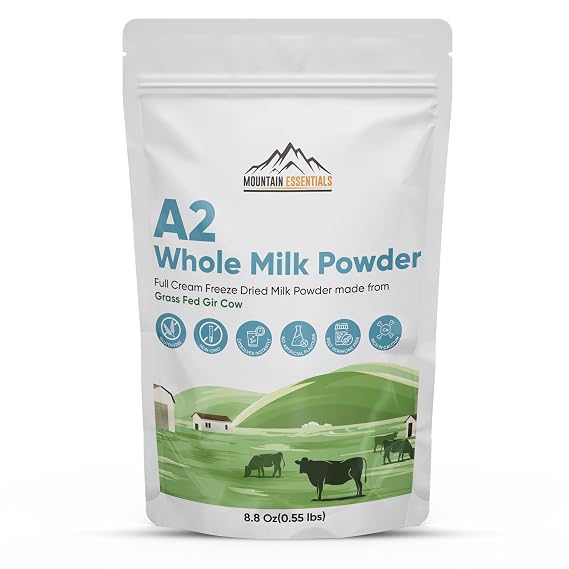 MOUNTAIN ESSENTIALS A2 Whole Milk Powdered Milk 8.8 Oz Full Cream, Freeze Dried, Gluten Free, Shelf Stable, Non-GMO Made From Grass-Fed Gir Cow Easy To Digest For Cooking & Baking