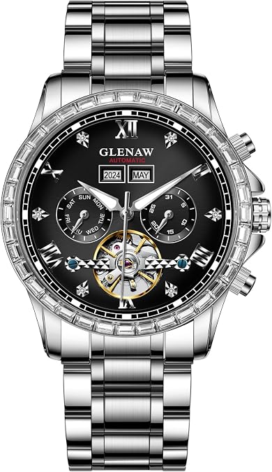 Automatic Watch for Men- Luxury Crystal Bezel Complete Calendar Mechanical Day Date Tourbillon Watch for Men Luminous with Stainless Strap