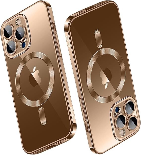 Magnetic Case for iPhone 16 Pro Max/16 Pro/16 Plus/16, Compatible with MagSafe Full Camera Lens Protector Never Yellowing Luxury Plating Crystal Clear Slim Case,Bronze,16 Pro