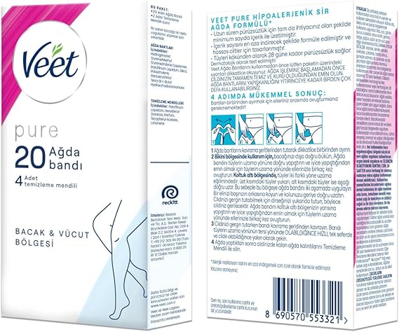 Veet Pure Hypoallergenic Non-Perfumed Waxing Tape for Leg & Body Area (1 x 20 Pieces)