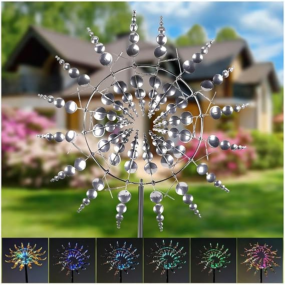 Solar Magic Windmill, Wind Catchers 360 Metal Windmill, 13.4 x 71in Metal Windmill Spinner,Silver