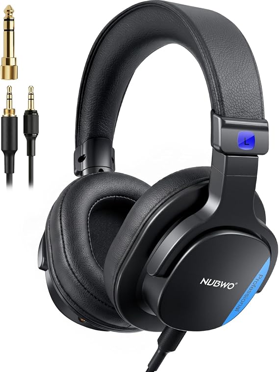 NUBWO HD01 Studio Headphones Wired, Hi-Res Over Ear Headphones with 1/4 inch to 3.5mm Adapter, Lightweight Closed Back Monitor Headphones for Piano Guitar AMP Recording Mixer Amplifier
