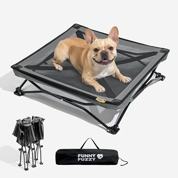 FUNNY FUZZY Elevated Cooling Dog Cot, Foldable Dog Bed for Outdoor | Breathable Mesh Keeps Pets Cool, Rinse-Clean Design, Non-Slip Feet, Heavy-Duty, Portable for Camping Home & Backyard 23.6"23.6"8