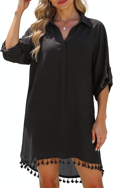 Women Swimsuit Cover Up Dress, Button Down Long Sleeve Beach Shirt, Lightweight Loose A-Line Fit