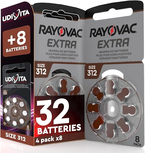 32 Hearing Aid Batteries Size 312 Rayovac (Brown) PR41 Zinc-Air with Sound Fusion Technology + 8 Udivita - 4+1 Blisters of 8 Batteries