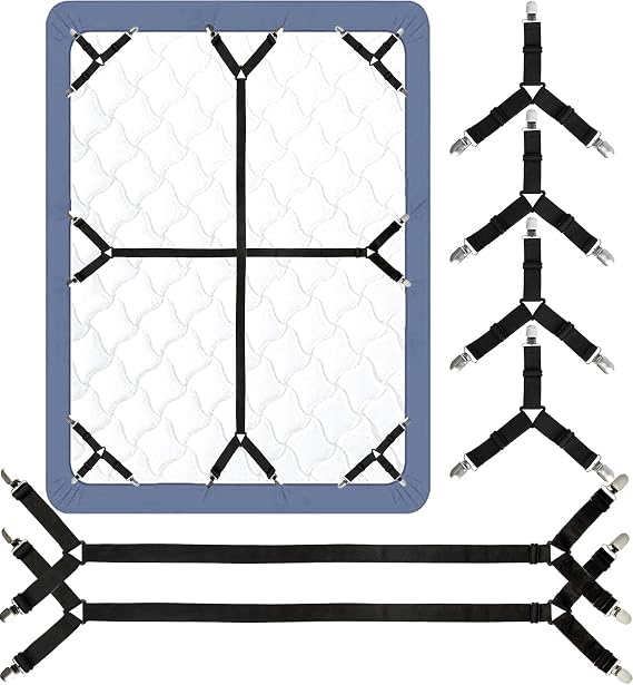 6 Pack Bed Sheet Straps Fitted Bed Sheet Fasteners Clips Black | Adjustable Crisscross Bed Sheet Holder Straps for Corners Mattress Bed Sheet Suspenders Grippers Bedding Accessories