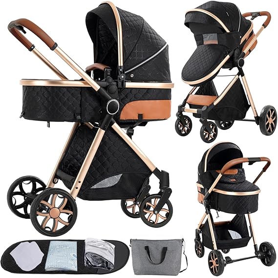 2 in 1 Convertible Baby Stroller with Bassinet Mode, Reversible Infant Bassinet Stroller with One-Click Folding, Newborn Travel Carriage Toddler Standard Pram (225 Black Gold)