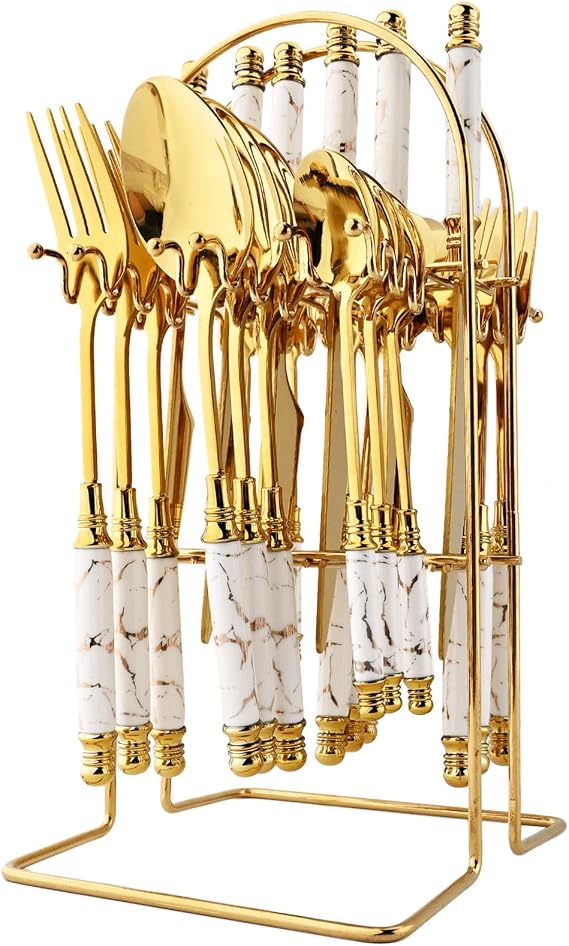 24Pcs Creative Imitation Ceramics Handle Flatware Set White Gold Cutlery Hanging Stainless Steel Tableware Silverware with Stand/Holder/Rack. Knives Forks Spoon for Home Kitchen