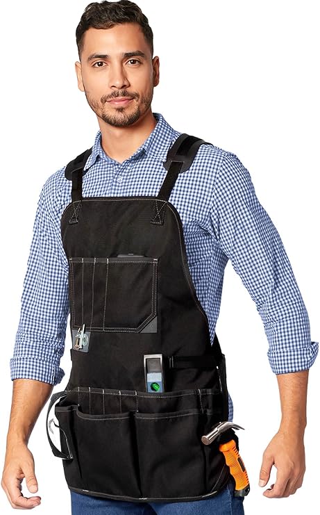 Under NY Sky Tool Apron Magnetic Tool Holder Heavy Duty Black Oxford Canvas CrossBack 18 Pockets Adjustable for Men, Women Pro Mechanic, Woodworker, Carpenter, Electrician, Gardener Apron