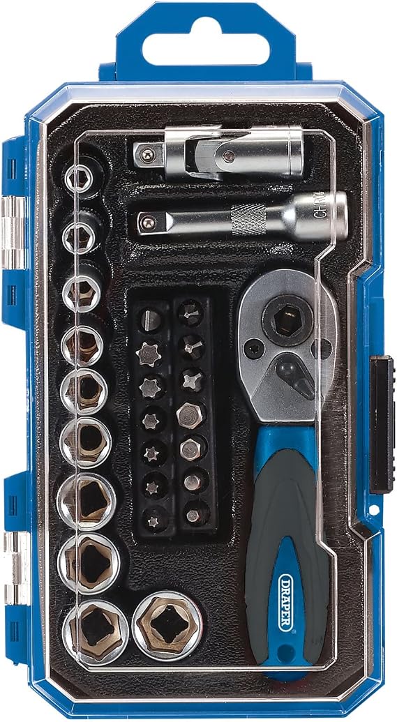 Draper 27-Piece Ratchet Metric Socket Set | 1/4 Inch Square Drive Ratchet Tool and Impact Sockets Set | Mechanics Workshop Hand Tools | 04778