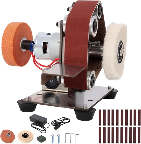 Mini Electric Belt-Sander Knife-Sharpener Sanding Machine 96W, Small Bench Grinder Kit 7 Speed Adjustable Power Polisher DIY Polishing Grinding Tool, Handcraft Jewelry
