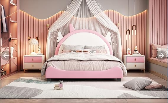 Cute Twin Size Upholstered Bed with Unicorn Shape Headboard,Full Size Platform Bed with Headboard and Footboard,for Boys Girls