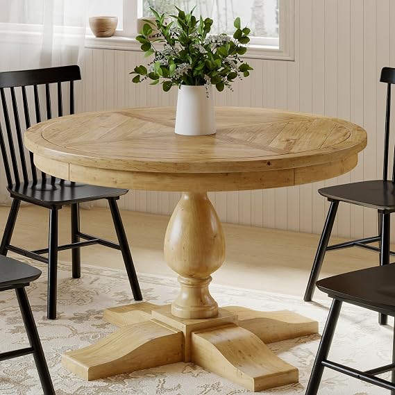 Kmax 47" Round Dining Table, Wood Kitchen Table for 4-6 Farmhouse Circle Kitchen Table with Pedestal Curved Leg for Kitchen Dining Room Restaurant, Natural