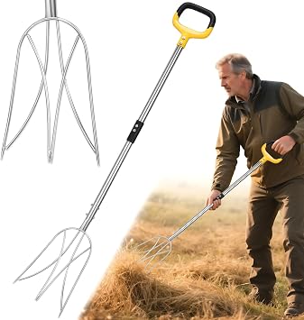 AugFir Pitchfork for Gardening, 48.5" Extendable Stainless Steel Garden Pitchfork with Handle, Suitable for Digging, Fertilizing, Transplanting, Multifunctional Garden Fork - 3 Tines