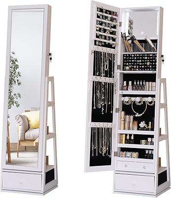 whitebeach 360° Swivel Jewelry Cabinet with Lights, Touch Screen Vanity Mirror, Standing Full Length Mirror with Jewelry Storage, Rotatable Jewelry Armoire Organizer with Drawers, Gift Idea