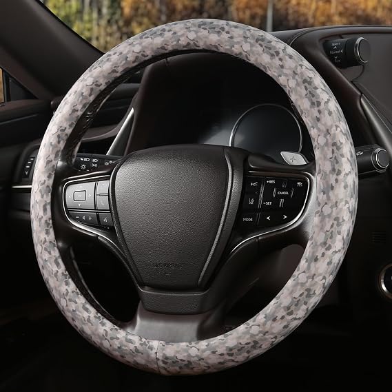 Leather Steering Wheel Cover for Men Women with Upgraded Silicone Inner Ring, Non-Slip, Breathable, Odorless, Universal 14.5-15 Inch (Camo Print, Silicone Leather)