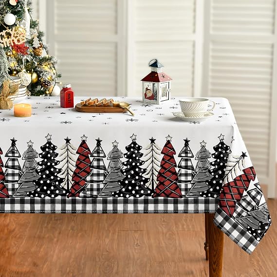 Horaldaily Christmas Tablecloth 60 x 140 Inch Rectangular Black | Christmas Trees Buffalo Plaid Washable Table Cover for Party Picnic Dinner Decor