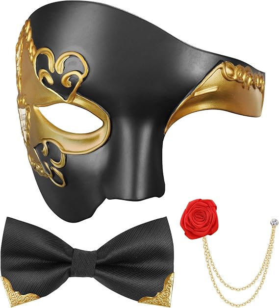 Phantom of The Opera Mask Masquerade Mask for Men with Bowtie Brooch for Halloween Party