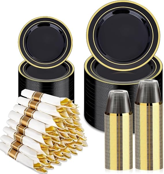 BESTVIP 350 Piece Black Gold Dinnerware Set for 50 Guests
