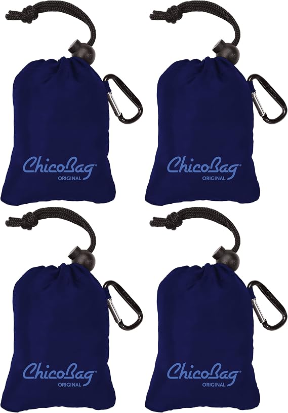 ChicoBag Original Compact Reusable Grocery Bag w/Attached Pouch and Carabiner Clip | Perfect for Shopping, Travel, Organization | Eco-Conscious Packable Tote | Mazarine Blue (Pack of 4)