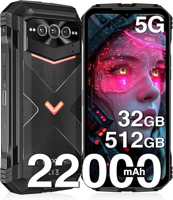 V Max Pro 5G Rugged Smartphone 6.58 Inch 32GB + 512GB 100MP AI Camera 22000mAh 33W 120Hz Dimension 7050 Max Android 14 Phone (Black)