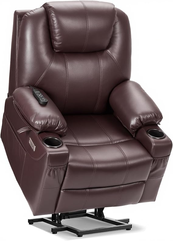 Tami Tami Dual Motor Power Lift Recliner Chair for Elderly with Massage and Heat, Electric Lift Chair for Adults with Extended Footrest, USB A&C, 2 Cup Holders (T6013-Faux Leather, Dark Brown, Medium)