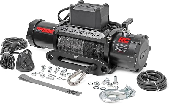 Rough Country 9,500LB PRO Series Winch with Synthetic Rope - 12V Waterproof 5.5HP Electric Winch for Jeeps, Trucks, Off Road Recovery Winch with Remote