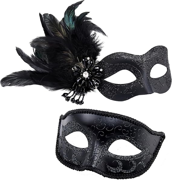 MYSEUNI 2025 New Masquerade Mask with Feather for Couples - Women's Masquerade Mask with Feather & Men Venetian Costume Mask