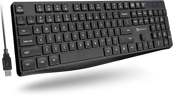 X9 Performance Wired Keyboard - Ultra Slim Full Size Ergonomic Computer Keyboard - Basic USB Keyboard for PC Desktop, Laptop with 5ft Corded Wire, 104 Quiet Keys, 14 Shortcuts, and Kickstand