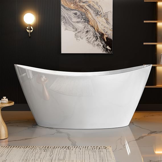 Bathtub, 67" Free Standing Tub, Luxury Acrylic Soaking Tub, Modern Stand Alone Tub with Ergonomic Design, Glossy White, Brushed Nickel Drain & Overflow Included, Oval Shape