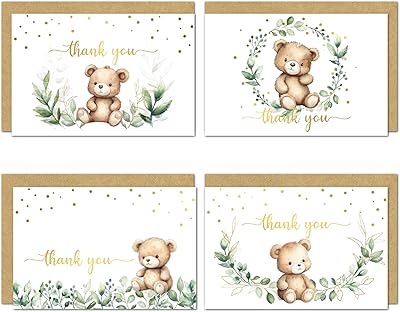 4x6 Greenery Teddy Bear Thank You Cards Bulk 20-Pack Baby Shower Thank You Cards with Envelopes, Birthday Party, Weddings, Greeting, Blank Notes, Girl Boy, Gold, Rustic, We can bearly wait