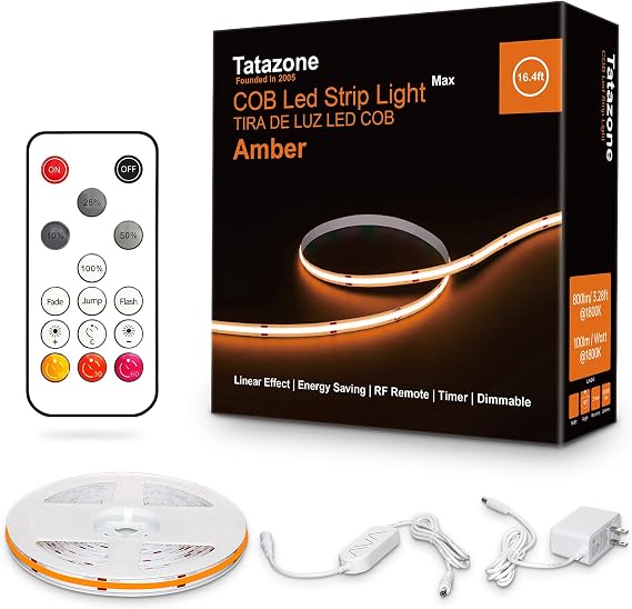 Tatazone COB Led Strip Lights with RF Remote | 16.4ft, Amber Color, Dimmable, Adhesive, for Cabinet Painting Room Bed Decor