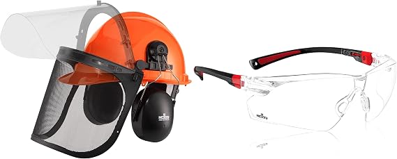 NoCry 6-in-1 Industrial Forestry Safety Helmet and Hearing Protection System; Orange & Clear Safety Glasses for Men and Women; Scratch Resistant Anti Fog; UV Protection, Black & Red