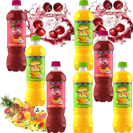 Sparkling Cherry Burst & Mixed Fruit 500ml – Fizzy Carbonated Soft Drink with Real Fruit Juice, Refreshing Fruit Drink with Sugar & Sweeteners - Rbc (12 x Bottle, Random Mixe)