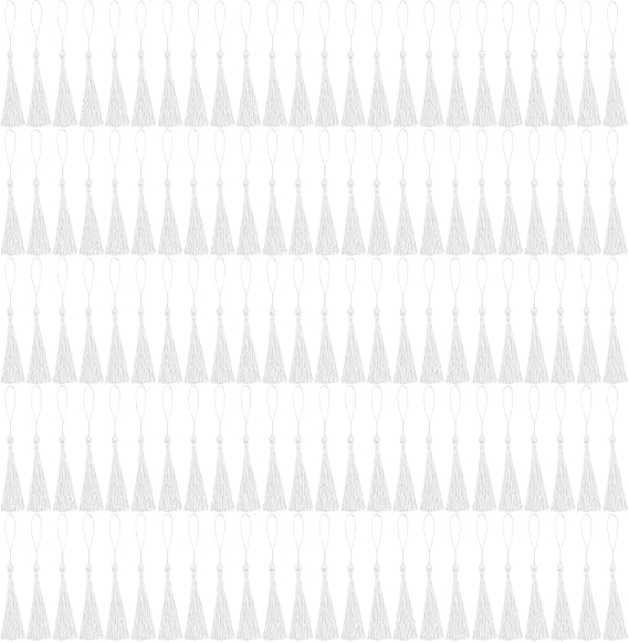 NACHLYNN 120 Pcs Bookmark Tassels Bulk 13cm/5 Inch Silky Handmade Soft Craft Mini Tassels for Jewelry Keychain Making with Loops for Dress Decoration DIY Craft Accessory (White)