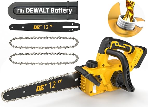 12 Inch Brushless Electric Chainsaw Cordless, for Dewalt Battery 20V, Compact Chain Saw with 44.3 FT/S Powerful Cutting, Auto Oiler & Low