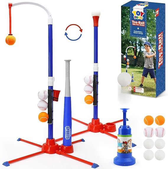 TOY Life 3-in-1 T-Ball Set with Launcher and Bat, Ages 3+ | hanging tee, adjustable height, 6 soft baseballs, 2 pet-play balls, storage bag