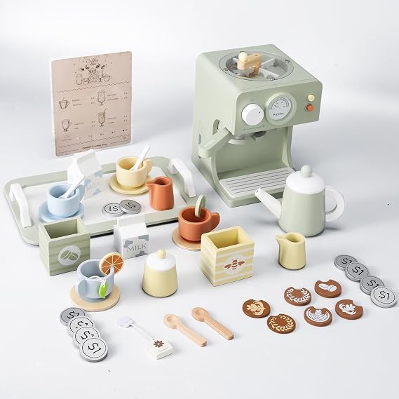Pithfor Kids Wooden Coffee Maker Toy and Play Tea Set, Pretend Play Kitchen Appliances & Accessories Toy Gift for Kids Toddlers Boys Girls