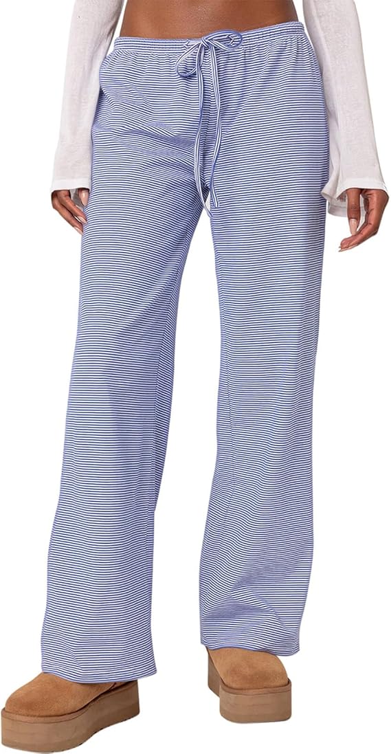 Ugerlov Women's Wide Leg Striped Pants Casual Drawstring Elastic Low Rise Pajama Pants Lounge Wear Trousers
